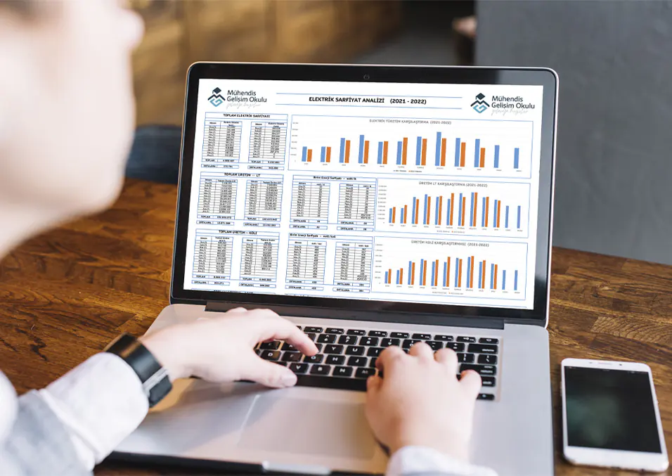 Dizüstü bilgisayarda Mühendis Gelişim Okulu logolu grafik raporu hazırlanıyor